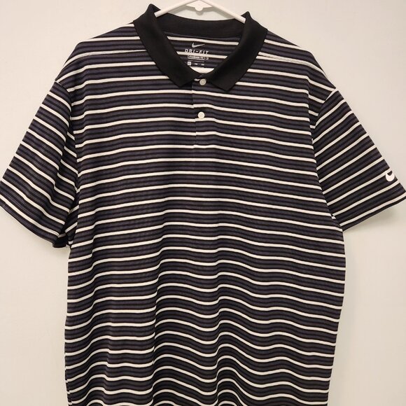 Nike Dri-Fit Polo Shirt Standard Fit XXL Short Sleeve Black White Striped‎ EUC - Picture 2 of 9